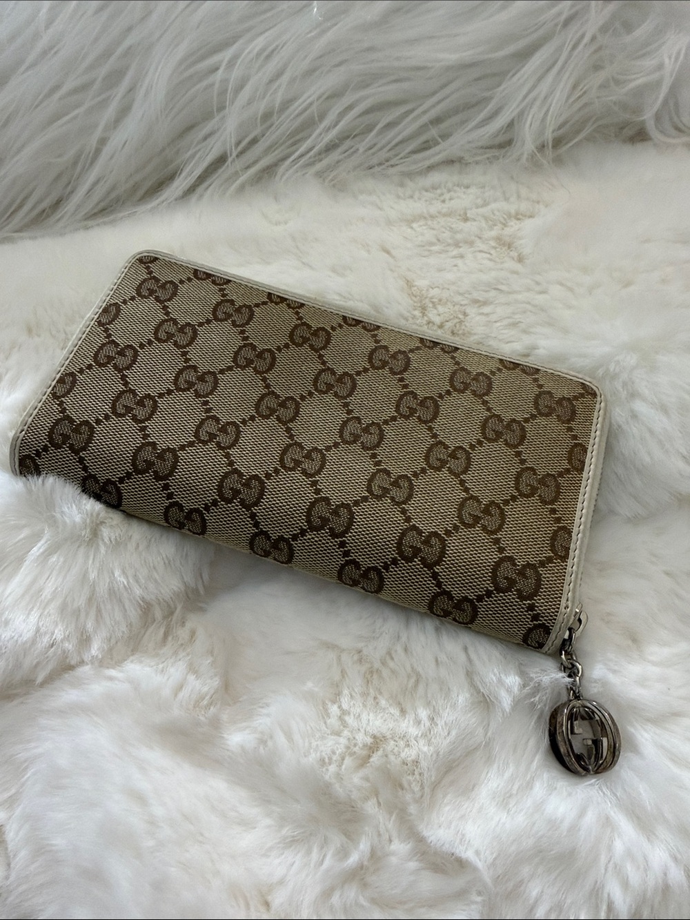 Gucci Beige Brown GG Canvas Zip-Around Wallet with Logo Charm